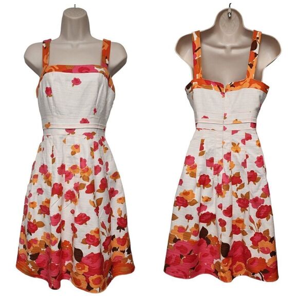 Adrianna Papell Women's Multicolor Floral Beige/Orange Fit-Flare Knee Dress Sz 6 - Picture 1 of 9